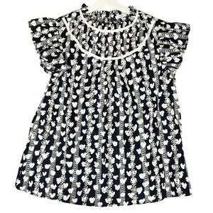 VOY Black White Heart with Eyelets Ruffle Neck Flutter Sleeve Blouse Top Size L